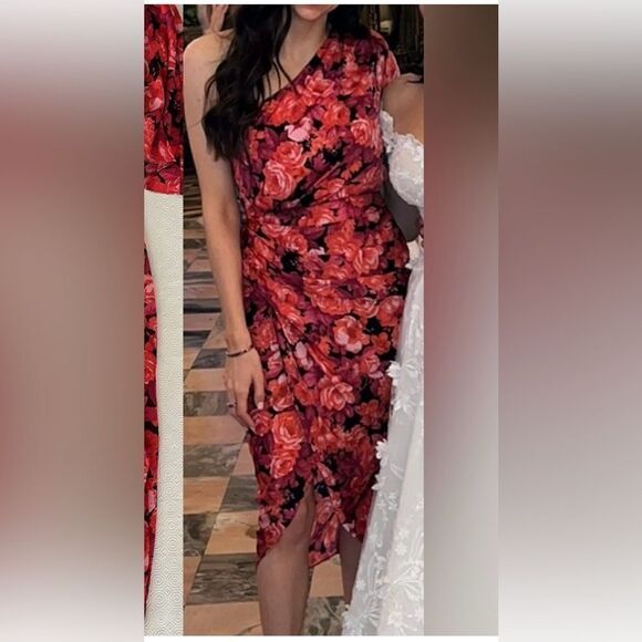 Do+Be  medium m red pink floral midi dress side zip flutter sleeve - Picture 1 of 7